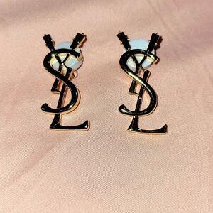 Fashion Jewelry Gold Metal Dangle/Drop Black Stone Trim Party Pierced Earrings